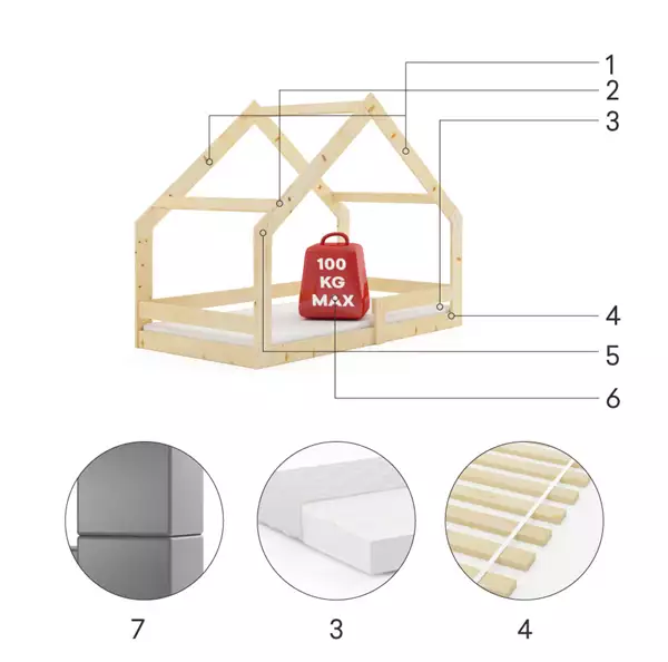 Letto singolo per bambini CASA 80X160 con materasso, legno naturale | Interbeds Czesci Skladowe Letto singolo per bambini CASA 80X160 con materasso, legno naturale | Interbeds Czesci Skladowe
